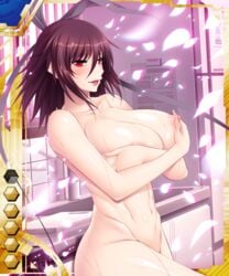 aoi_nagisa_(artist) areolae breast_hold breasts brown_hair card_(medium) curvy female hair_ribbon huge_breasts lilith-soft looking_at_viewer maroon_hair milf mizuki_shiranui mother navel nipples nude official_art puffy_nipples red_eyes shiny_skin smile solo standing succubus taimanin_(series) taimanin_asagi_battle_arena taimanin_asagi_battle_arena_all_card_gallery taimanin_yukikaze tongue tongue_out wet