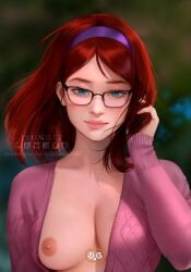 ai_assisted ai_generated blue_eyes eyeglasses glasses headband jyundee nai_diffusion nude_filter one_breast_out red_hair stable_diffusion tagme trashedits