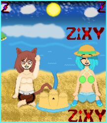 1boy 1girls amber_lightvale background beach blue_hair blue_socks bra breasts brown_eyes brown_hair cat_ears cat_tail closed_eyes cloud female glitchtale hat male neko nekomata_hiroshkatu_(miguel16310) pants pixel pixel_art sand sandcastle short_hair smile summer_hat sun undertale undertale_(series) undertale_au undertale_fanfiction water zixy