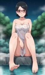 ai_generated barefoot bigmic145 black_eyes black_hair boruto:_naruto_next_generations breasts cleavage clothed clothed_female clothing feet female female_only foot_fetish glasses medium_breasts naked_towel naruto naruto_(series) sarada_uchiha shorts solo solo_female