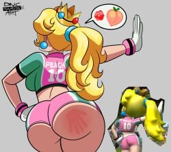 1girl 1girls 2024 ass bubble_butt canonical_scene dncsamsonart mario_(series) mario_strikers mario_strikers_peach_back_view_redraw_(meme) nintendo pink_shorts princess_peach reference_image short_shorts shorts slap_mark spank_marks sportswear underbutt