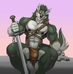 1boy abs anthro anthrofied biceps big_bulge big_muscles bottomwear bulge canid canine canis clothing front_view fur green_body green_fur green_hair hair hi_res link loincloth looking_at_viewer male male_nipples male_only mammal melee_weapon muscular muscular_anthro muscular_male nintendo nipples pecs simple_background sitting solo sword tail the_legend_of_zelda twilight_princess vexedlupine weapon wolf wolf_link