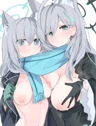 2girls abydos_high_school_student animal_ears animal_humanoid big_breasts black_gloves blue_archive blue_eyes blue_scarf breasts bright_pupils female female_only gloves gray_hair green_gloves hair_between_eyes hair_ornament hairclip halo light-skinned_female light_skin medium_breasts mikozin mismatched_pupils nipples scarf shiroko_(blue_archive) shiroko_(terror)_(blue_archive) tagme