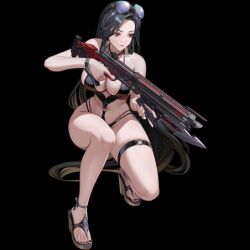 barefoot barely_clothed barely_contained belly_button bikini black_hair black_nail_polish black_nails black_toenails cleavage feet firearm game_cg goddess_of_victory:_nikke gun huge_breasts large_breasts leg_strap legs light-skinned_female light_skin long_hair maiden_(nikke) maiden_(under_the_sun)_(nikke) official_art red_eyes sandals sideboob simple_background solo solo_female straps sunglasses sunglasses_on_head swimsuit thick_thighs thighs weapon