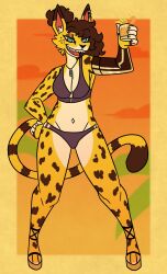 anthro big_breasts bikini blue_eyes breasts cheetah cleavage female furry holding_cup holding_object necklace nerdyreindeer tagme thick_thighs wide_hips