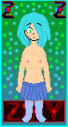 amber_lightvale background blue_hair blue_skirt blue_socks blush breasts breasts glitchtale green_eyes hair_covering_eye nipples pixel pixel_art short_hair skirt zixy