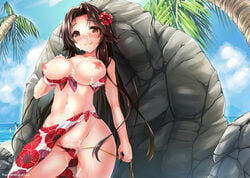 abs beach bikini blue_sky blush boulder breasts breasts_out brown_eyes brown_hair cleavage cloud cloudy_sky female floral_print flower front-tie_top hair_flower hair_intakes hair_ornament jintsuu_(kantai_collection) kantai_collection large_breasts long_hair looking_at_viewer navel ocean palm_tree public_nudity rock sarong sasakuma_kyouta sky smile solo_focus string_pull suggestive_fluid swimsuit tree