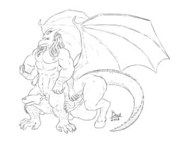 1boy abs balls boo3 conjoined demon dragon hyper male male_focus male_only monochrome multi_arm multi_limb multi_pec muscular muscular_male nipples penis penis_with_mouth sentient_penis solo solo_focus taur testicles wings