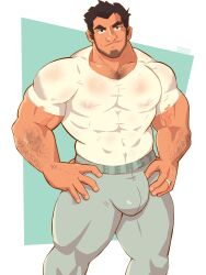 1boy bara beard biceps bulge clothed clothed_male clothing covered_nipples gay hairy_chest looking_at_viewer male male_only muscular_male restarx thick_thighs tight_clothing