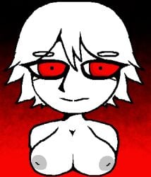 .flow 1girls big_breasts breasts dark_background eyebrows female female_only gradient_background grey_nipples naked naked_female neutral_expression nipples nude nude_female portrait red_eyes sabitsuki short_hair solo tits white_body white_hair white_skin yume_nikki_fangame