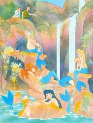 1boy 6girls adamaris arika_(peter_pan) black_hair blonde_hair blue_eyes blue_tail breasts chelan_(peter_pan) disney female female_focus hat jpeg male mermaid multiple_girls neverland penelope_(peter_pan) peter_pan peter_pan_(disney) ponytail seashell_bra smile topless visola water waterfall wendy_darling