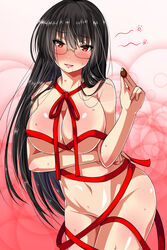 ar_(lover_boy) black_hair blush bondage bondage bound breast_hold breasts chocolate choukai_(kantai_collection) commentary_request convenient_censoring female glasses highres holding kantai_collection large_breasts long_hair naked_ribbon navel nude red_eyes red_ribbon ribbon ribbon_bondage rimless_glasses solo sweat valentine