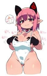 ass_visible_through_thighs baby_bottle black_gloves blush_stickers bottle breasts bursting_breasts cleavage closed_mouth cowboy_shot cropped_legs curvy deathlock-san female gloves grabbing_own_breast groping heart heart_collar large_breasts looking_at_viewer one-piece_swimsuit original pink_eyes pink_hair pointy_ears short_hair simple_background smile solo spoken_object swimsuit thick_thighs thighs undersized_clothes white_one-piece_swimsuit zankuro