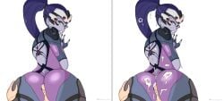 1boy 1girls ass black_hair buttjob clothed_female_nude_male cum ejaculation looking_back overwatch overwatch_2 ssaucyart widowmaker