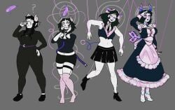 before_and_after black_hair blush doll_joints dollification eye_roll glasses gloves glowing glowing_eyes grey_skin hand_on_hip happy_trance high_heels horns human_puppet maid maid_headdress midriff pants pink_eyes puppet puppet_strings saluting shirt shoes short_hair simple_background skirt smile soldierexclipse solo standing standing_at_attention strings tagme thighhighs tie transformation wind-up_key