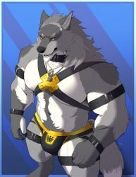 2024 5_fingers abs anthro arm_strap blue_background body_hair border bulge canid canine canis cheek_tuft claws clothing collar countershade_arms countershade_legs countershade_torso countershading facial_tuft fingers fullbodywolf fur grey_body grey_claws grey_fur happy_trail harness hi_res jewelry jockstrap leg_markings leg_strap male mammal markings multicolored_body multicolored_fur muscular muscular_anthro muscular_male navel neck_tuft necklace pattern_background pecs simple_background socks_(marking) solo straps striped_background tail teeth tuft underwear white_body white_border white_countershading white_fur wolf wrist_strap
