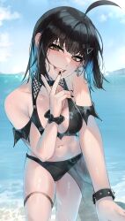 absurdres ahoge bare_shoulders beach bikini black_bikini black_hair blue_hair bracelet breasts brown_eyes choker cleavage collarbone colored_inner_hair female finger_to_mouth highres irene_(kanniiepan) jewelry kanniiepan leaning_forward looking_at_viewer medium_breasts medium_hair mole mole_under_eye multicolored_hair ocean open_mouth original scrunchie sky smile solo spiked_bracelet spikes swimsuit thigh_gap wrist_scrunchie wristband