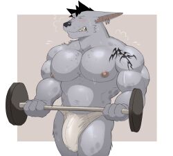 anthro biceps bodily_fluids bulge clothing exercise flaccid fleshformomo hi_res hyena male male_only mammal momo_(fleshformomo) muscular muscular_anthro muscular_male nipples pecs solo solo_male sweat tattoo underwear vein veiny_muscles weightlifting workout