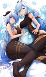 1girls 2girls absurd_res absurdres adult adult_female ahoge ankles antenna_hair armband ass ass_cleavage black_hair_ribbon black_horn black_horns black_legwear black_pantyhose black_ribbon black_topwear blue_eyebrows blue_eyes blue_eyes_female blue_hair blue_hair_female breasts butt_crack butt_crack_outline calves collar dot_nose earrings elbows feet female female_focus female_only fingernails fingers full_body ganyu_(genshin_impact) genshin_impact gold_armband gold_collar gold_thighband groin hair_between_eyes hair_over_one_eye hair_ribbon hand_on_breast hand_on_chest hand_on_hip hand_on_own_breast hand_on_own_chest hand_on_own_hip hand_on_own_waist hand_on_waist heels high_resolution highres hirai_yuzuki horn horns hourglass_figure kneepits knees large_breasts laying_down laying_on_floor laying_on_ground laying_on_side legs legs_together legwear light-skinned_female light_skin long_hair looking_at_viewer mature mature_female medium_breasts multiple_females multiple_girls open_mouth pantyhose parted_bangs parted_lips purple_eyes purple_eyes_female pussy red_hair_ribbon red_ribbon ribbon shenhe_(genshin_impact) shoulders sideboob simple_background slender_body slender_waist slim_girl slim_waist slime slime_(genshin_impact) soles solo thick_ass thick_thighs thighband thighs thin_waist toes topwear underboob upper_body very_long_hair white_background wide_hips