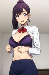 ai_generated asian asian_female bra exposed_breasts huge_breasts large_breasts light-skinned_female light_skin looking_at_viewer lovehuwu ponytail purple_eyes purple_hair school_uniform schoolgirl smiling solo_female solo_leveling sung_jin-ah sung_jin_ah voluptuous voluptuous_female