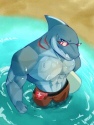 2024 2d abs beach big_breasts chest fortnite furry glasses lifeguard male male_only muscular safety_first_steve_(fortnite) sexy shark water