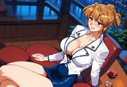 1girls 2d agent_aika ai_generated aika_sumeragi big_breasts blonde_hair blush breasts brown_hair cleavage curvy female human indoors large_breasts looking_at_viewer mature nightclub pale-skinned_female pale_skin pencil_skirt short_hair sitting skirt solo solo_female solo_focus tagme thick_thighs voluptuous white_jacket wide_hips