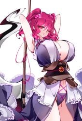 big_breasts black_panties black_sash blue_dress breasts coin coin_on_string cowboy_shot dress female hair_bobbles hair_ornament komachi_onozuka large_breasts long_hair looking_at_viewer obi one_eye_closed panties parted_lips raptor7 red_eyes red_hair sash scythe simple_background solo touhou two_side_up underwear white_background