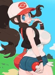 ass ass_focus blush breasts hair hat hibaneim hilda_(pokemon) pokemon pokemon_bw shorts tongue tongue_out