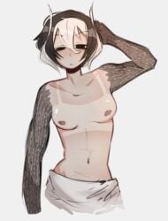 bags_under_eyes black_and_white_hair black_eyes black_hair body_markings bunniiawaa female female_only heatstroke_(trend) looking_at_viewer made_in_abyss meme messy_hair ozen pale-skinned_female pale_skin short_hair small_breasts solo sunburn tanline tired topless topless_female two_tone_hair white_hair