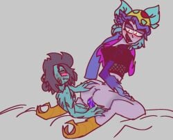 bibi_(brawl_stars) blush brawl_stars breasts_out cursed_pirate_bibi harpy_melodie_(brawl_stars) lesbian_sex long_hair melodie_(brawl_stars) pussy pussy_juice pussy_juice_drip short_hair strap-on tongue_out yuri