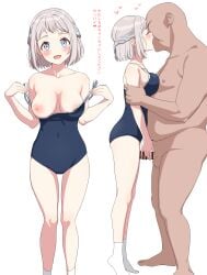 1boy 1girls absurdres age_difference bald bar_censor bare_legs blue_one-piece_swimsuit blue_ribbon blush breasts censored closed_eyes clothed_female_nude_male clothes_pull collarbone commentary_request competition_school_swimsuit covered_navel faceless faceless_male female gakuen_idolmaster grey_hair hair_ribbon half_up_braid heart highres holding_another's_arm idolmaster katsuragi_lilja kissing male mature_male medium_breasts multiple_views nipples nude one-piece_swimsuit one-piece_swimsuit_pull penis_grab ribbon ribbon_braid school_swimsuit short_hair simple_background sincos socks swimsuit translation_request white_background white_socks