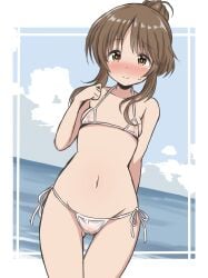1girl absurdres ass_visible_through_thighs bikini blue_sky blush border bow breasts brown_eyes brown_hair cameltoe cloud cloudy_sky collarbone commentary_request cowboy_shot dutch_angle embarrassed exhibitionism full-face_blush hair_bow hair_bun halterneck highres idolmaster idolmaster_cinderella_girls looking_at_viewer micro_bikini navel nipples ocean ohana._(user_jhpk8322) outdoors outside_border public_indecency pussy revealing_clothes see-through_bikini see-through_clothes side-tie_bikini_bottom sidelocks sky small_breasts smile solo standing stomach string_bikini sweat swimsuit takamori_aiko thigh_gap thighs white_bikini white_border