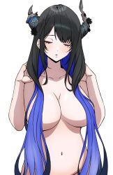 1girls belly_button black_hair blue_hair breasts clothing dayyo_(daydarion/day-chan) female female_only hair_over_breasts hololive hololive_english hololive_english_-advent- horns huge_breasts light-skinned_female light_skin nerissa_ravencroft nude simple_background solo two_tone_hair virtual_youtuber white_background