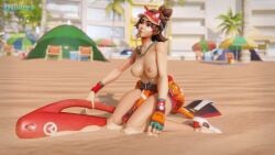 3ddeed asian asian_female breasts breasts_exposed breasts_out female female female_only headband kiriko_(overwatch) kiriko_kamori lifeguard lifeguard_kiriko overwatch overwatch_2 petite petite_female posing sand sand_on_skin thick_thighs whistle whistle_in_mouth