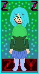 amber_lightvale background big_breasts big_breasts blue_hair blue_skirt blue_thighhighs blush glitchtale green_eyes green_sweater hair_covering_eye short_hair skirt smiling thighhighs wearing_clothes zixy