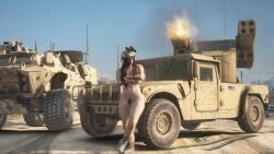 1girls 3d 3d_(artwork) army belt brown_eyes brown_hair car completely_naked completely_naked_female exhibitionism exhibitionist female female_focus female_only footwear glasses grand_theft_auto grand_theft_auto_online grand_theft_auto_v gta5 gta_5 gta_v gtav hair_covering_breasts hair_on_breasts hair_over_breasts helmet kemikarugaru long_hair looking_at_viewer military military_helmet military_vehicle naked naked_female naked_footwear naked_helmet nude nude_female nudism nudist nudity outdoor_nudity outdoors pubic_hair shooting soldier solo tactical_nudity thick_thighs thin_waist vehicle