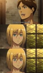 attack_on_titan blonde_hair blue_eyes blush collarbone dark_brown_hair eager erehisu eren_jaeger excited_face excited_for_sex green_eyes historia_reiss imminent_sex multiple_scenes naked_female naked_male nude_edit nude_filter pale-skinned_female screencap screenshot screenshot_edit shingeki_no_kyojin stone_wall surprised tanned_skin text tongue_out unknown_source wide_eyed window worried_expression worried_look