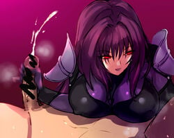 1boy bangs bodysuit breasts clothed_female_nude_male cum ejaculation erect_nipples fate_(series) female handjob large_breasts long_hair looking_at_another negresco nude parted_lips pauldrons penis purple_bodysuit purple_hair red_eyes scathach_(fate) smile