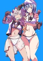 2girls alternate_costume bakugatou_abyss bikini blue_background cleavage female female_only gloves grey_hair looking_at_viewer made_in_abyss phallic_symbol popsicle rimeyo sarong sea_cucumber sexually_suggestive short_hair srajo starfish suggestive_fluid swimsuit thick_thighs thigh_gap towel_on_head two_tone_hair underboob whistle whistle_around_neck white_bikini white_hair wide_hips