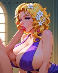 ai_generated aphrodite_(shuumatsu_no_valkyrie) balls big_breasts blonde_hair blowjob blowjob_face blue_eyes oral oral_penetration oral_sex penis penis_in_mouth shuumatsu_no_valkyrie sucking sucking_penis