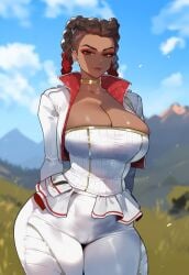 ai_generated apex_legends brown_eyes brown_hair cleavage creamy_ai curvy dark-skinned_female large_breasts loba_(apex_legends) skindentation thick_thighs white_jacket white_pants wide_hips