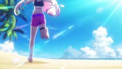 animated barefoot beach breasts choker closed_eyes feet game_cg goddess_of_victory:_nikke happy huge_breasts jackal_(nikke) jacket legs medium_breasts no_sound ocean official_art open_mouth palm_tree pink_hair removed_clothing running shorts sports_bra summer sunlight sunny tagme thighs twintails video water white_hair