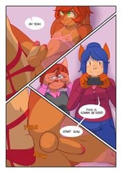 2016 anal anal_sex anthro blue_hair brown_hair chipmunk comic crossdressing dress english_text exhibitionism female fish furry green_eyes highres hoodie humanoid_penis hyena lagomorph leilani_(shortwings) male mammal marine martin_(shortwings) milo_(shortwings) panties penetration penis rabbit retracted_foreskin rodent shark shortwings text uncut underwear yaoi