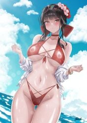 beach belly bikini black_hair blush blush embarrassed flower flower_in_hair goddess_of_victory:_nikke huge_breasts midriff ocean ramiki red_eyes sakura_(bloom_in_summer)_(nikke) sakura_(nikke) sunglasses sunglasses_on_head swimsuit thighs underboob wet_body wet_pussy