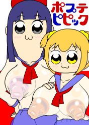 2girls big_breasts blue_hair blush logo multiple_girls nipples nipples_visible_through_clothing orange_hair orange_nipples pink_nipples pipimi pop_team_epic poptepipic popuko school_uniform white_background