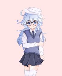 blue_vest blush breast_press breast_squeeze cute glasses light_blue_hair shy skirt smooth_skin snowiries standing