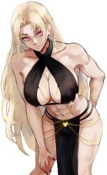 1girls blonde_hair cleavage dress framed_breasts jujutsu_kaisen looking_to_the_side muscular muscular_female pelvic_curtain pink_eyes solo vcais yomorio_lingerie yuki_tsukumo