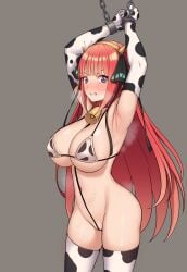 armpits arms_up ass blush bondage bound_arms cleavage clenched_teeth cow_ears cow_girl cow_horns cow_print cow_print_armwear cow_print_bikini cow_print_bra cow_print_legwear cow_print_stockings cow_print_thighhighs cowbell female_only go-toubun_no_hanayome huge_breasts komainu_(yamaha1997) long_hair looking_at_viewer nakano_nino red_hair solo sweat