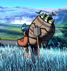 ahoge backpack bangs bbw belly big_backpack big_belly big_breasts big_butt blue_hair brown_eyes carrying carrying_bag cheeked_up chubby chubby_female curvy curvy_figure dark-skinned_female dark_skin dckiq detailed_background female fish grass grass_field huge_ass huge_breasts kiqki_(dckiq) large_breasts mountains mountainscape mountainside outdoors outside pig_girl plump short_hair squish tail tan_lines tan_skin tan_skinned_female tanlines thicc thick_thighs tools