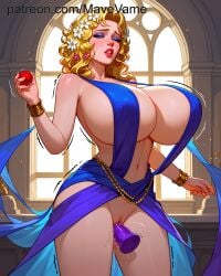 ai_generated aphrodite_(shuumatsu_no_valkyrie) big_breasts blonde_hair blue_eyes closed_eyes cumming dildo dildo_in_pussy dildo_in_vagina dress lipstick masturbating masturbation pussy pussy_juice sex_toy shuumatsu_no_valkyrie